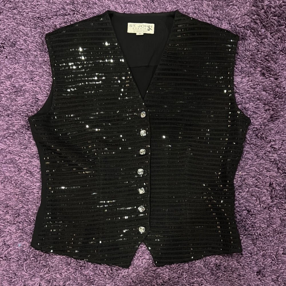 ST JOHN EVENING  BY MARIE GRAY Black sequin with Crystal Buttons Vest